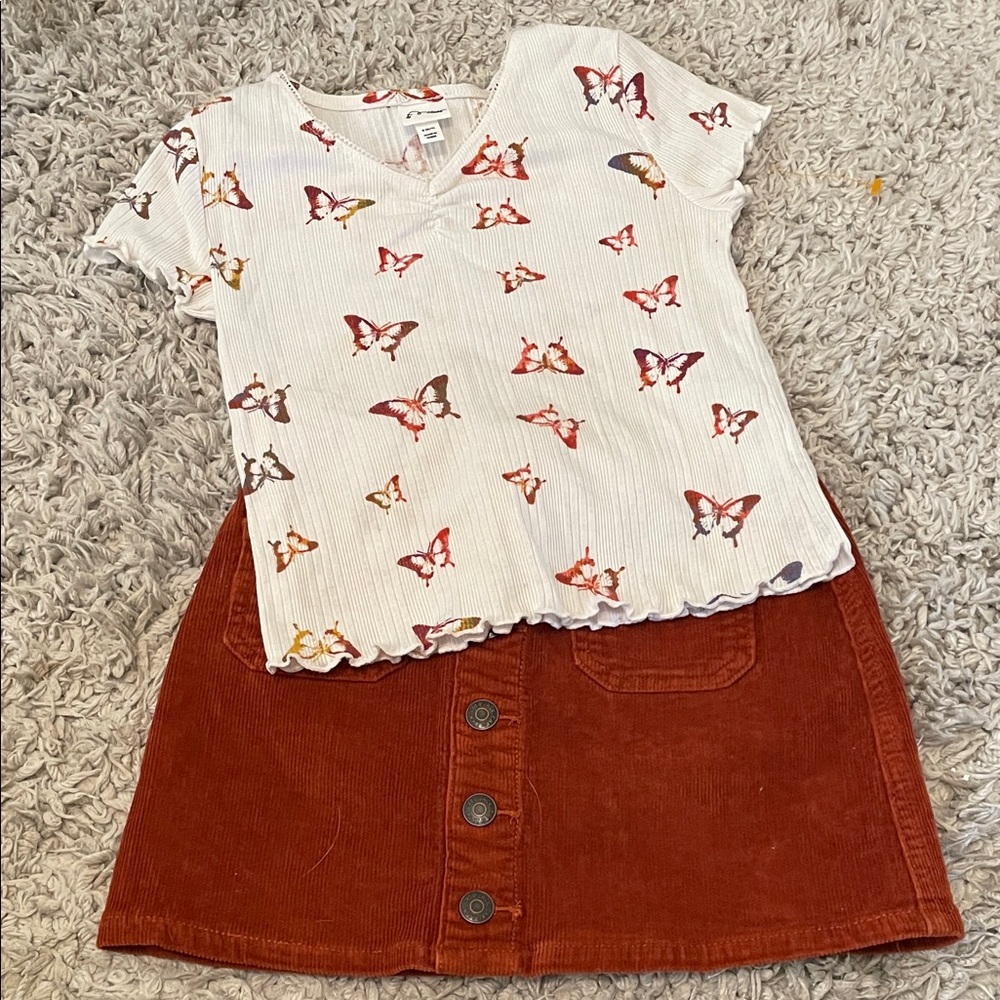 Art Class Butterfly Print Top w/ Cat & Jack Rust Corduroy Skirt, Size S (6/7)
